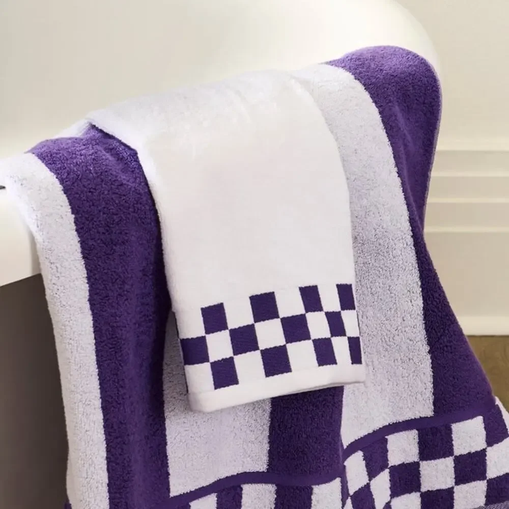 NEW Mackenzie-Childs Cotton Bath Towel with Violet Check Border